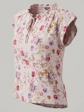 Buffalo David Bitton Pink Floral Tie-Neck Flutter Short Sleeve Women's Top Sz XL